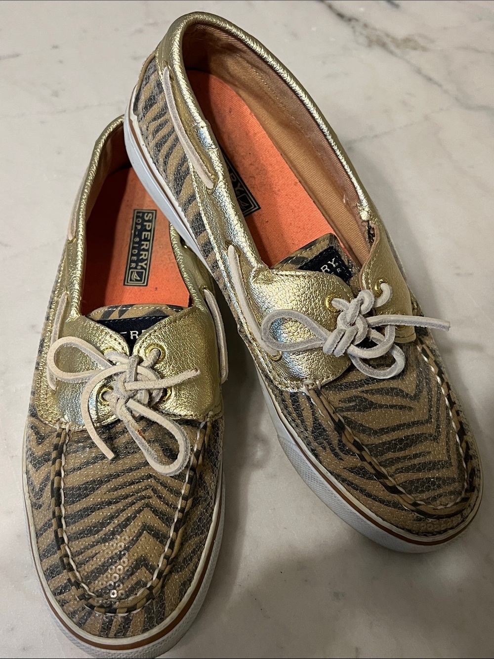 Sperry Top-Sider Metallic Gold Zebra-Pattern 2-Eye Boat Shoes, Women’s 8.5 M